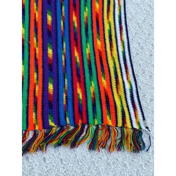 Rainbow Colors Granny Crochet Afghan Tasseled Fringed Blanket Multi 42" - Picture 5 of 11